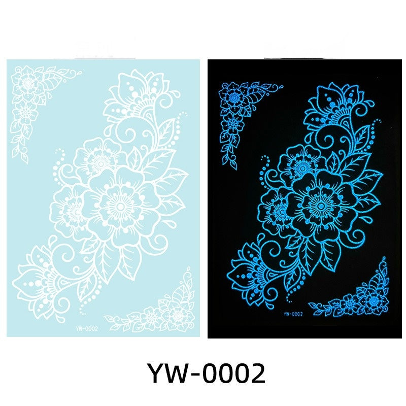 Two floral design stencils, one on light blue and one on black, with 'YW-0002' label.